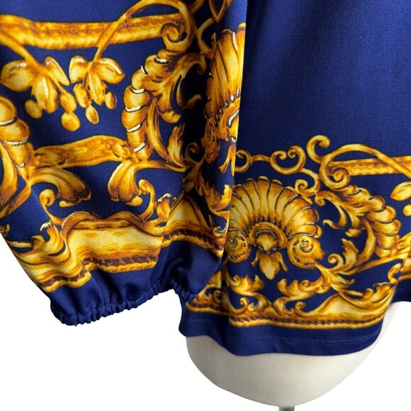 Vintage Cache Blue & Gold Baroque Pattern Cold Shoulder Blouse Size Medium - Picture 6 of 10